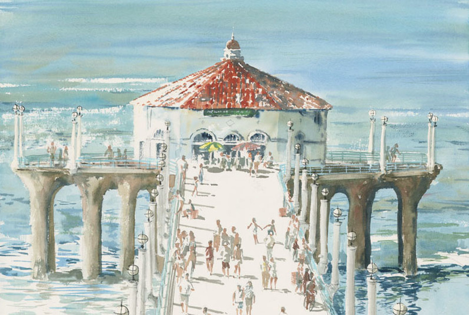 Featured Artist: Ross Moore -- Watercolor. View of Manhattan Beach Pier